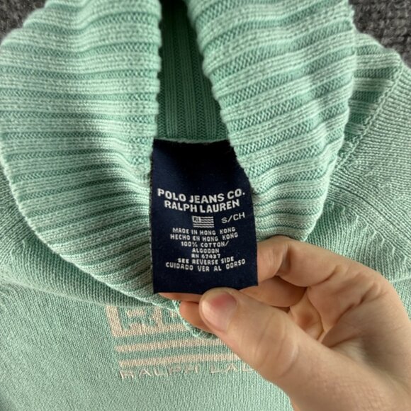 Ralph Lauren Polo Jeans Women Flag Sweater Light Blue Turtleneck Small Cotton - Picture 10 of 16